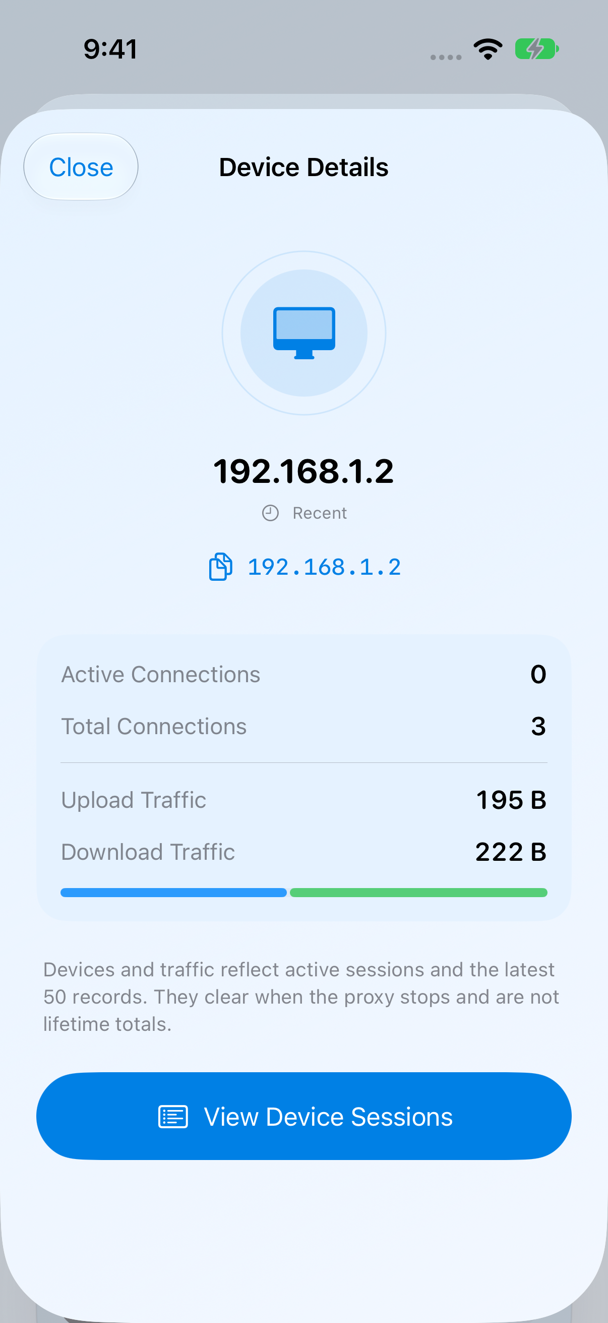 MonoProxy iOS device details showing connection count, measured traffic and device actions