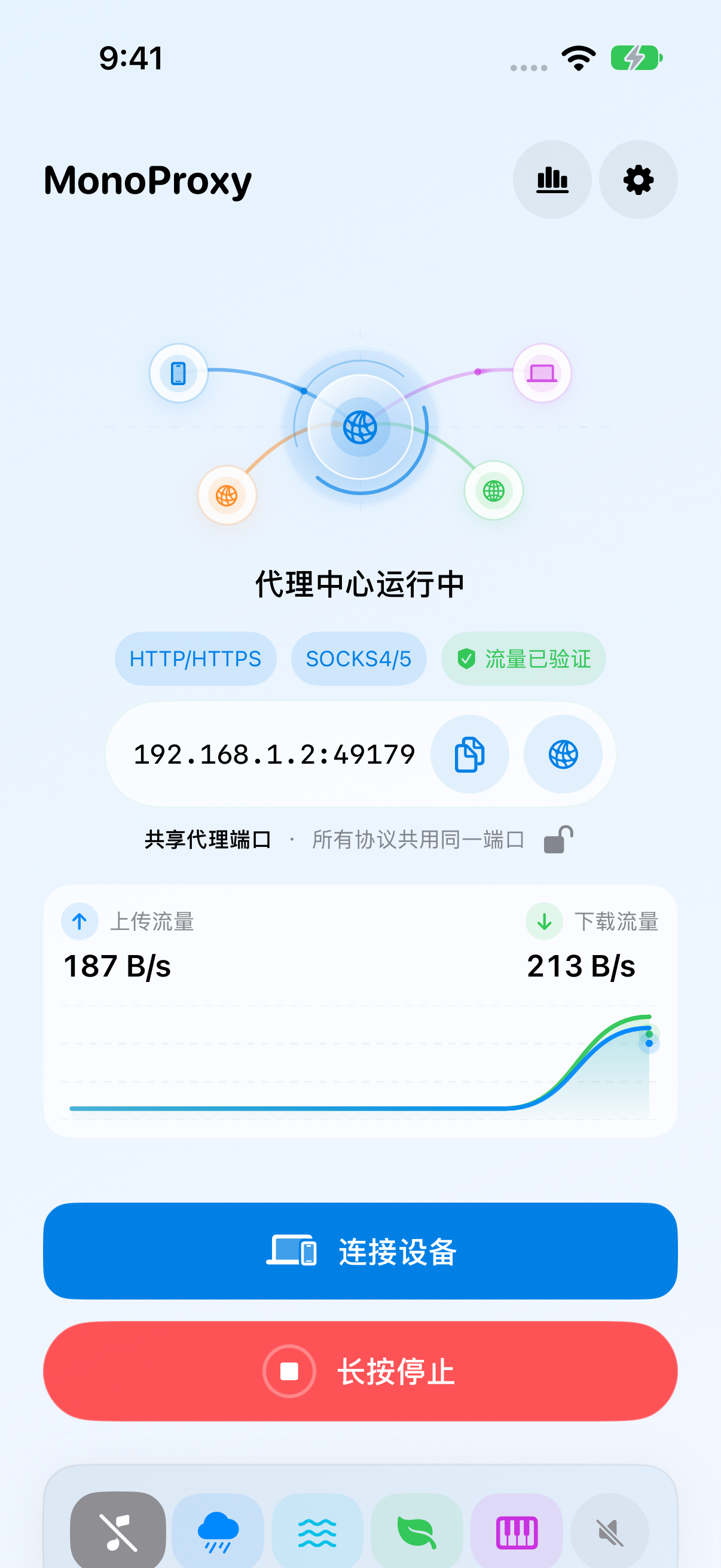 MonoProxy iOS 首页,显示运行中的代理、服务地址、流量图和长按停止按钮