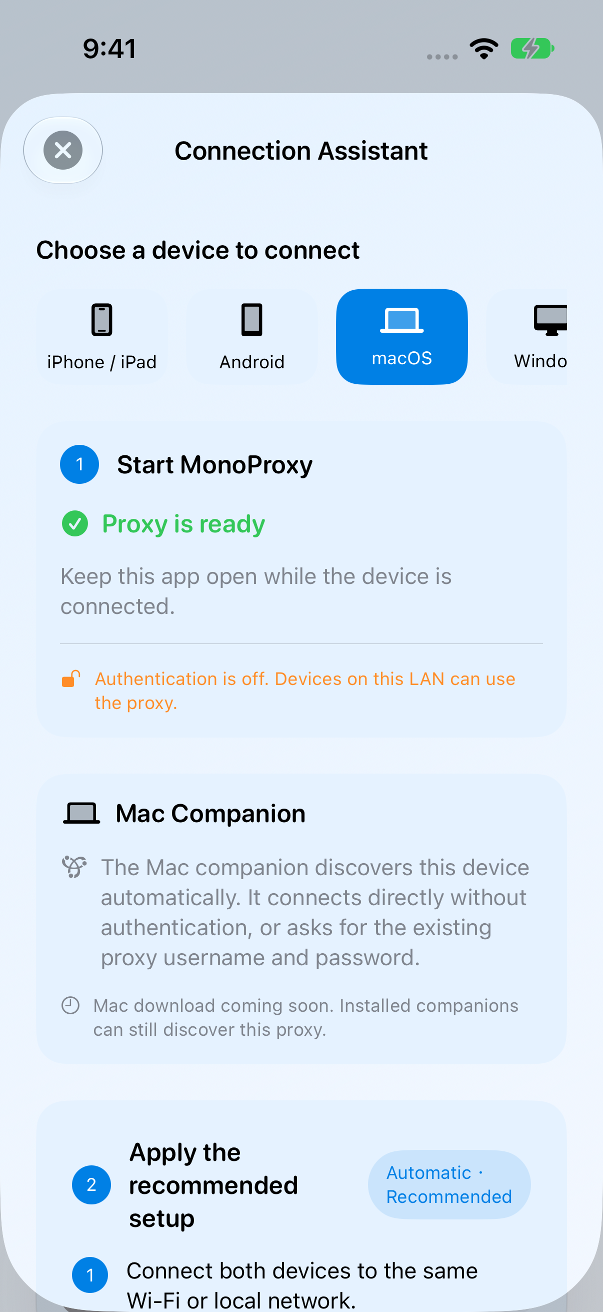 MonoProxy iOS connection assistant with macOS selected and the Mac companion discovery instructions
