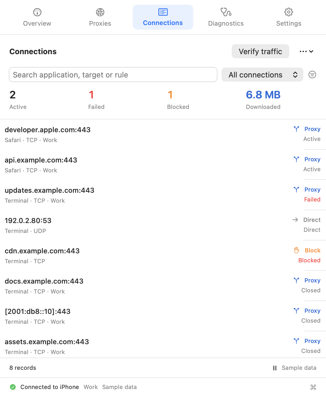 Proxy Companion 1.7.0 connections with search, matching totals and route decisions; sample data