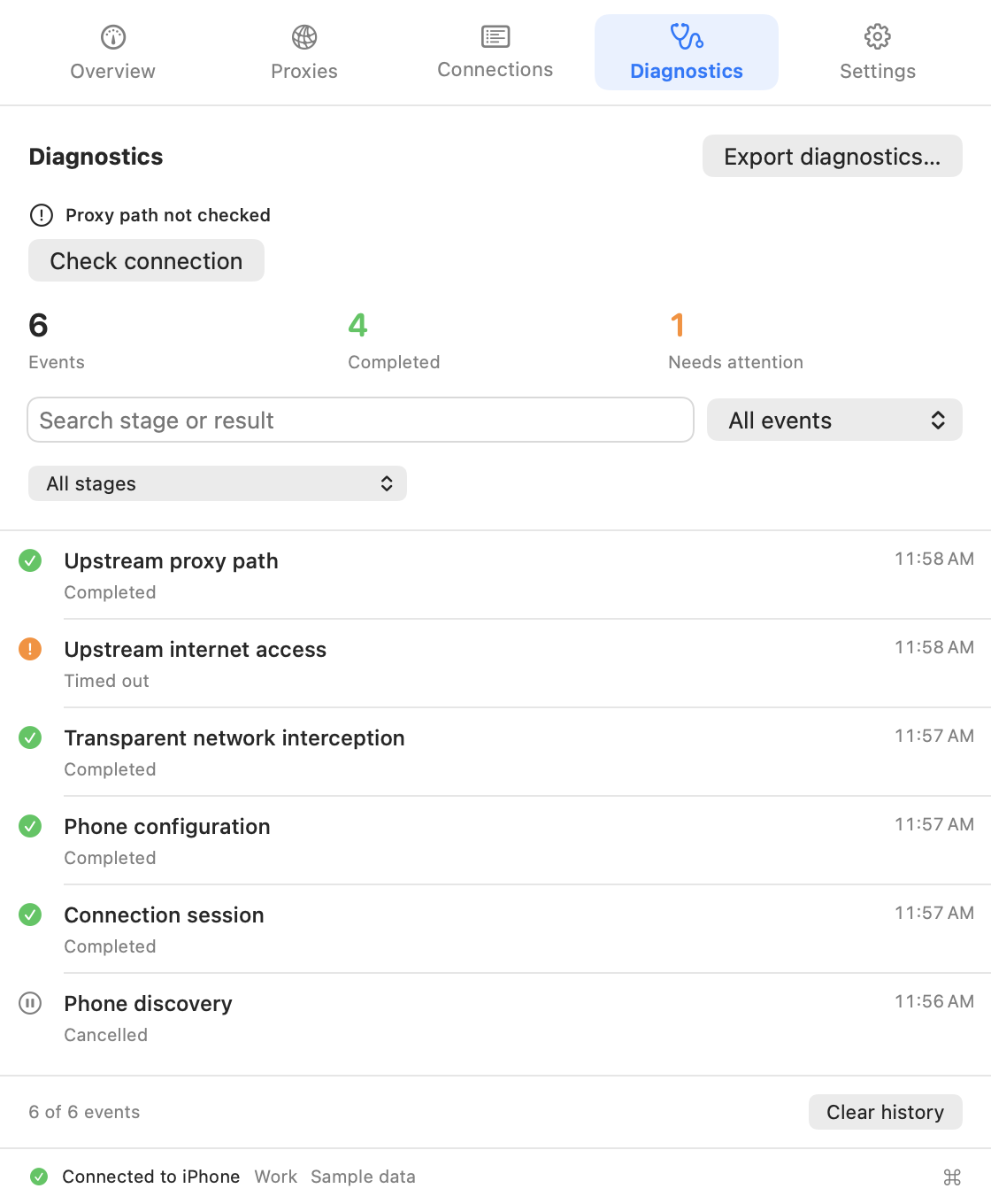 Proxy Companion 1.7.0 diagnostics with stage and result filters; sample data